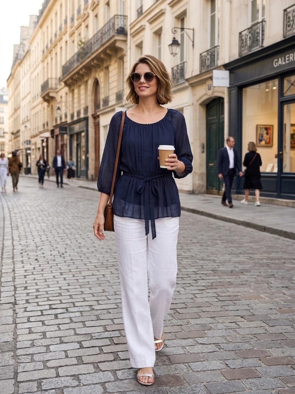 Talbots Navy Tie-Waist Peasant Blouse